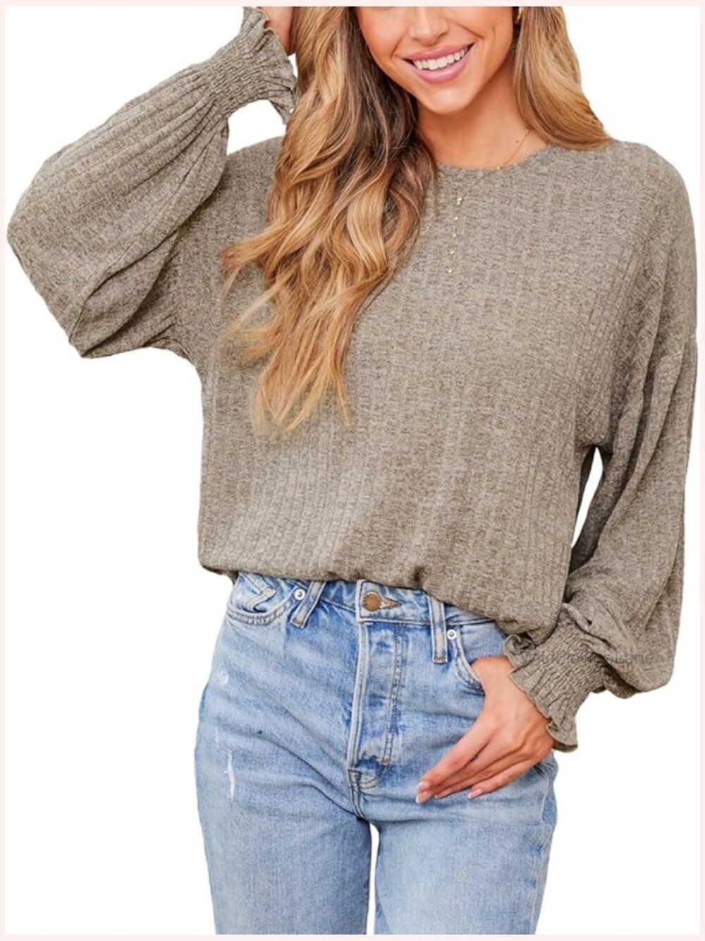 Crewneck Puff Sleeve Long Sleeve Shirt Ribbed Knit Blouse Tunic Top